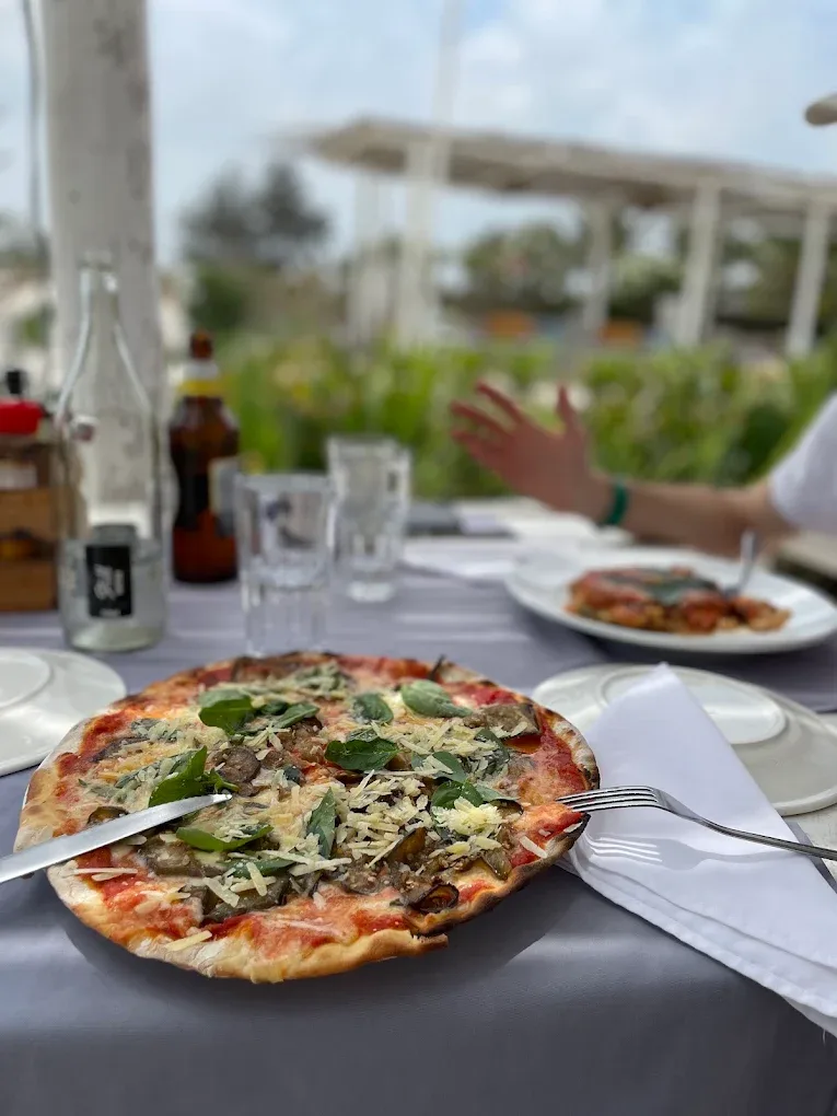 A pizza topped with grilled vegetables, grated cheese and fresh basil on a laid table, with a second plate and the garden behind.