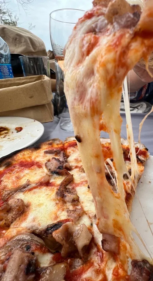 A slice of mushroom and ham pizza being lifted away, the mozzarella stretching in long strands.